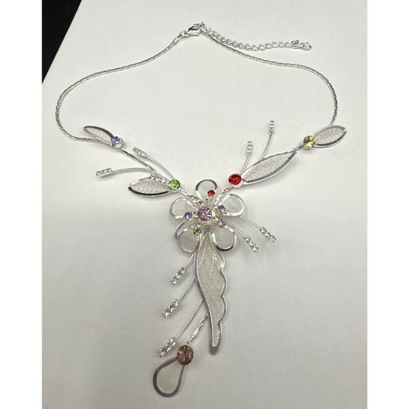 Floral Necklace 18in Multicolor Crystal Flower Silver Tone Mesh Leaves Fairycore - Picture 7 of 10